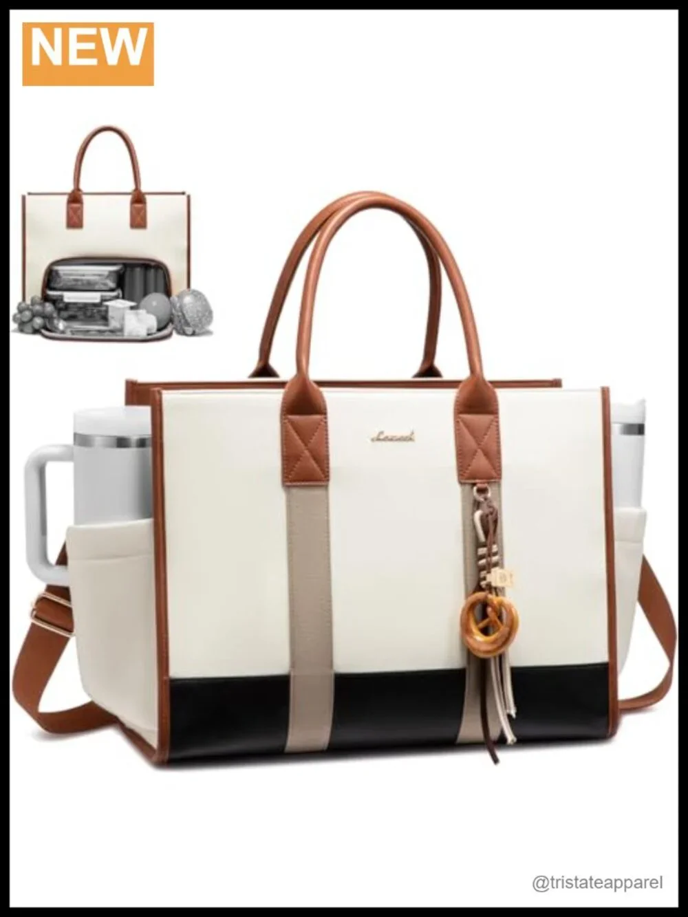 3-in-1 Work Tote with Lunch Compartment, Giant Tumbler Holder, PU Leather, Fits